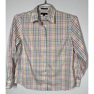 Lands' End No Iron Pinpoint Oxford Rainbow Check Long Sleeve Button Up Womens 14